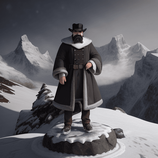 AI generated: A man is standing on a rocky, snowy mountain. He is wearing a large hat and has a mustache and a bit...