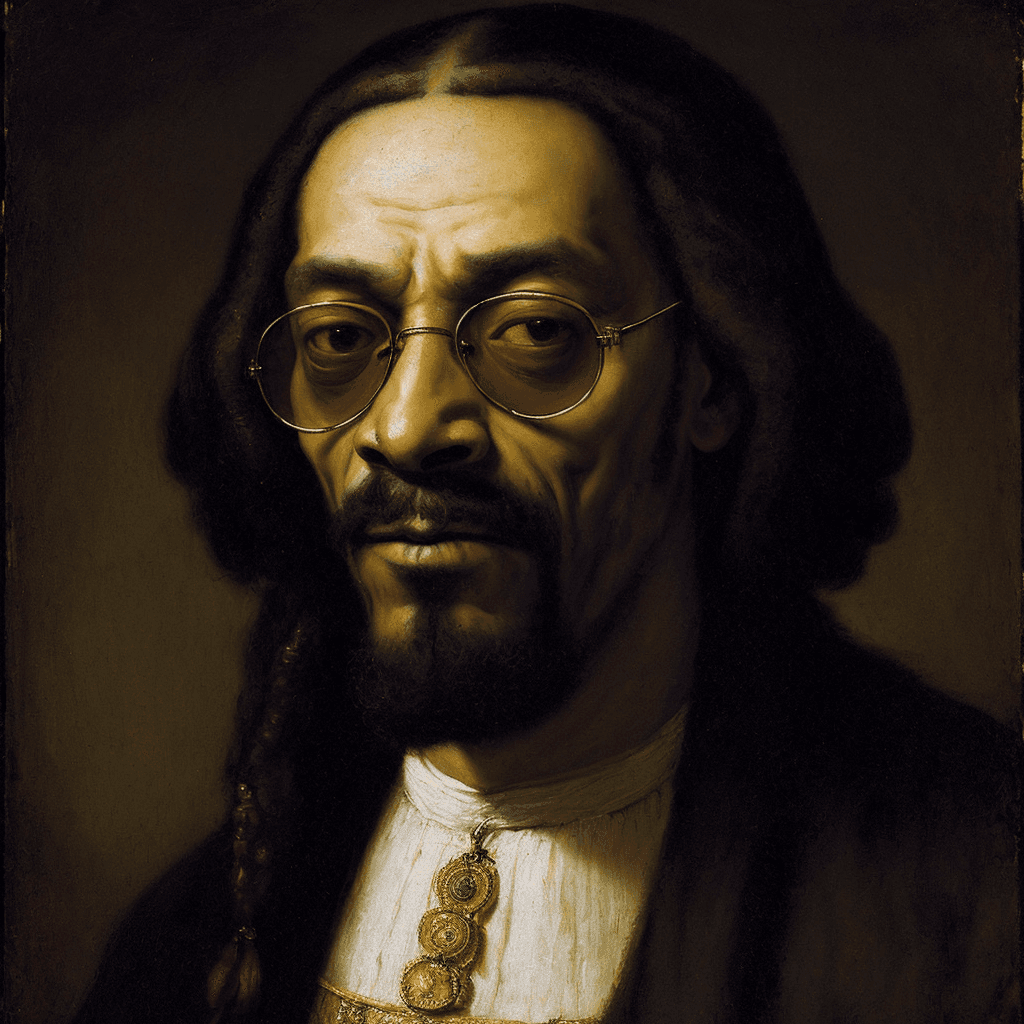 AI generated: Rembrandt , portrait of a bearded snoop dogg wearing LSD sunglasses, with long hair, looking serene,...