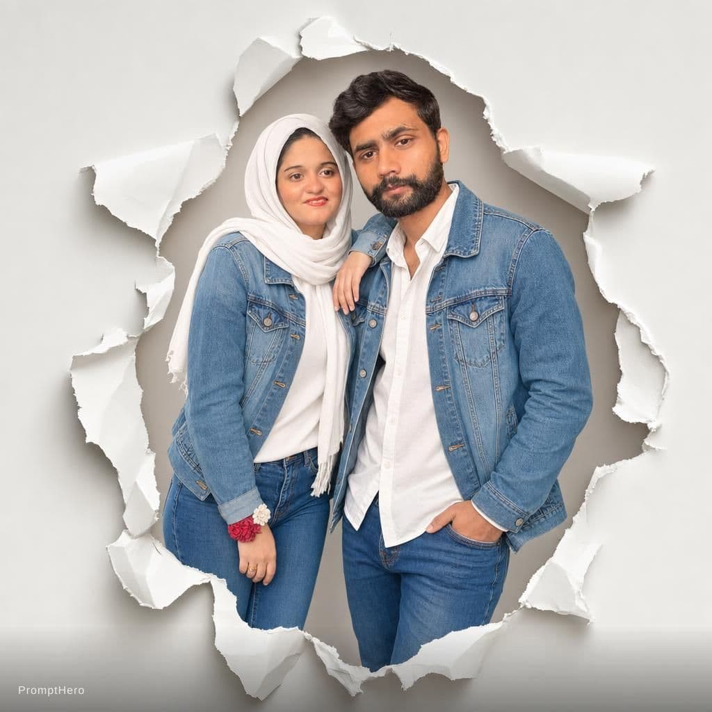 AI generated: Two Moroccan couple portraits, half-body view, emerging from realistic torn paper holes on a light g...