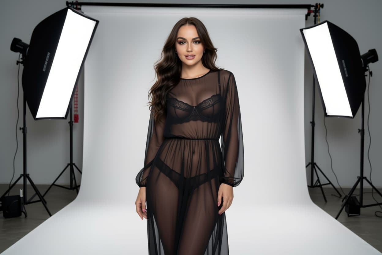 AI generated: in sheer lingerie at a fashion shoot. seethrough flimsy material