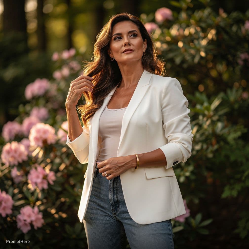 AI generated: Create a photorealistic image of a fit adult woman standing outdoors in a natural setting,wearing an...