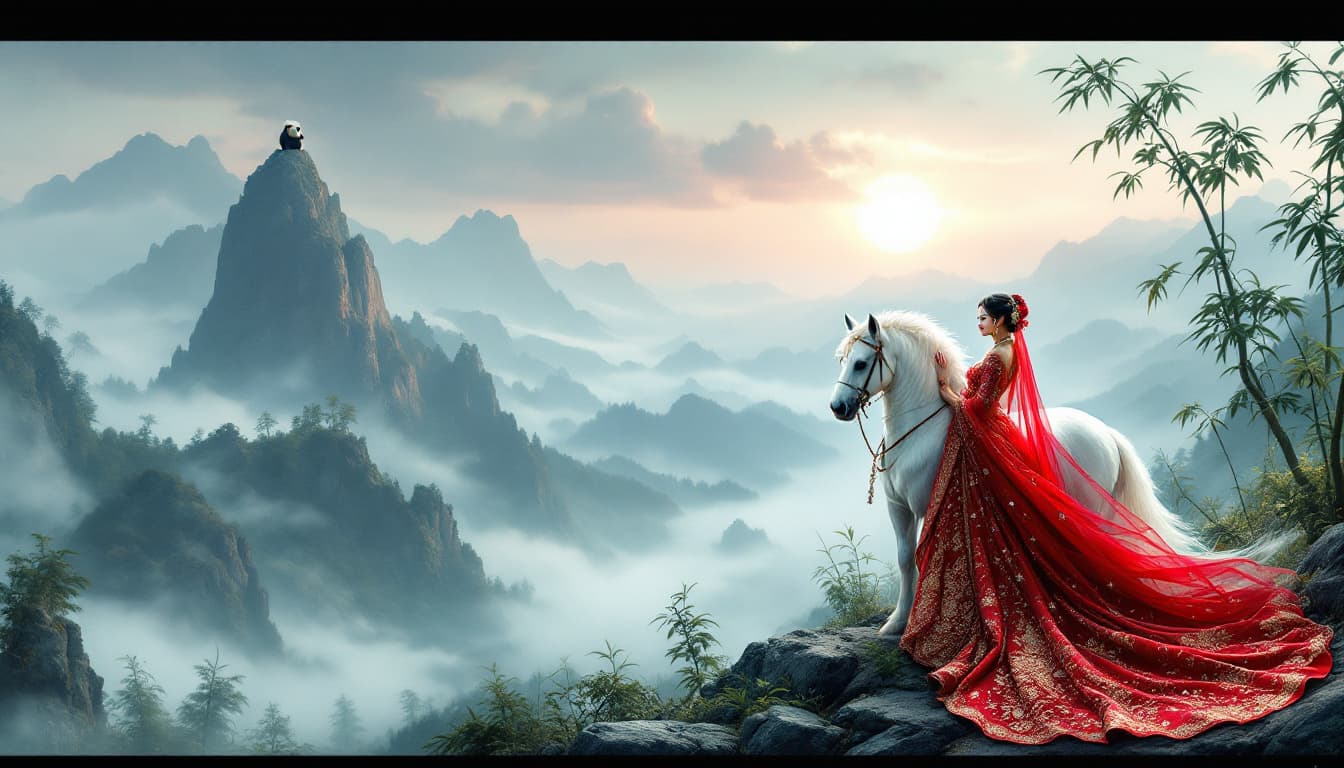 AI generated: A majestic giant panda stands atop a misty mountain peak, surrounded by lush bamboo forests and a se...