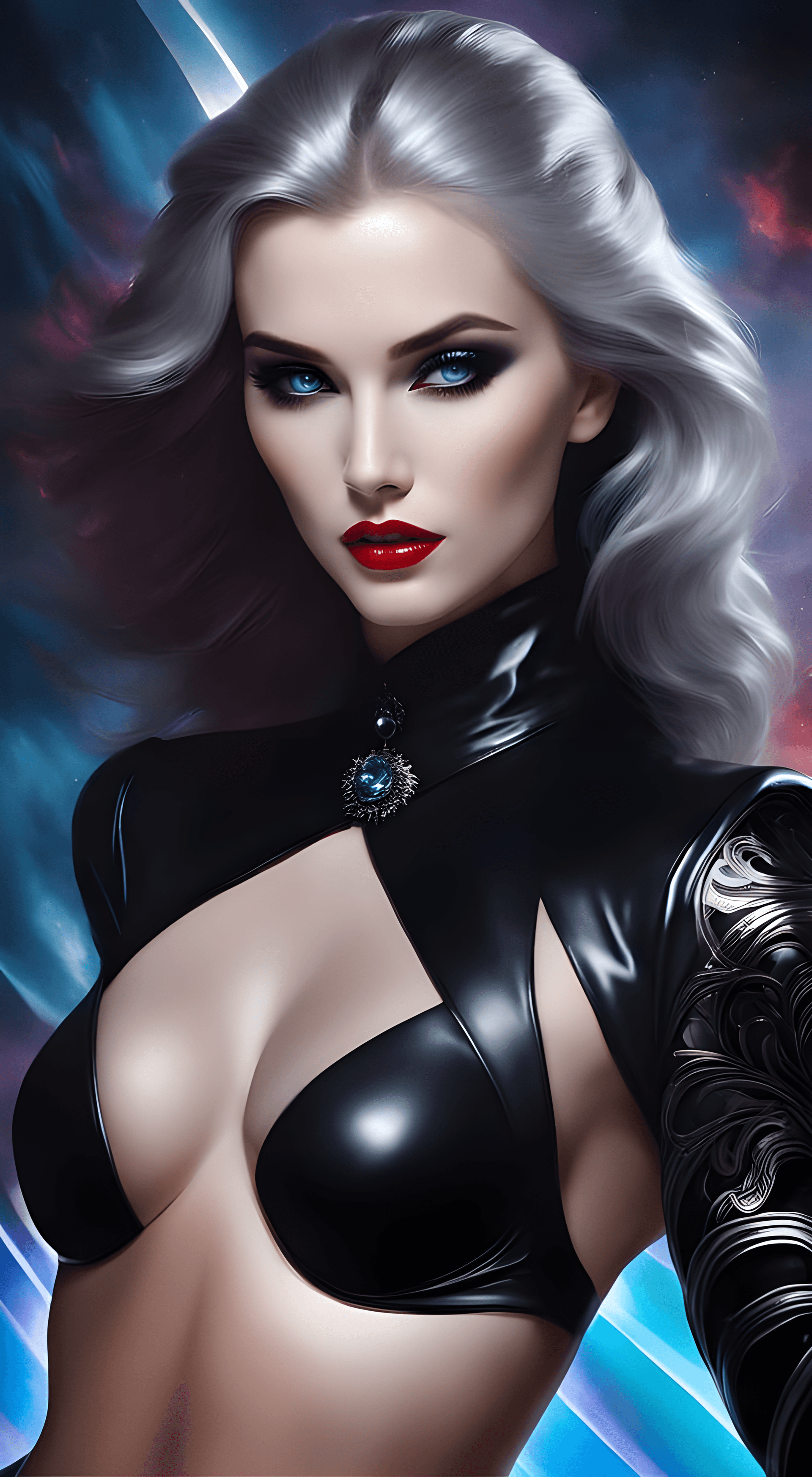 AI generated: men magazine centerfold model as fantasy heroine, amazing angle view of a woman with pale white skin...