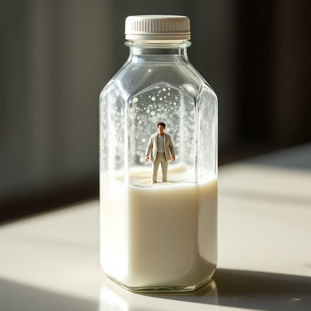 AI generated: A hexagonal bottle of crystal-clear plastic, half-filled with dense white milk, a miniature man floa...