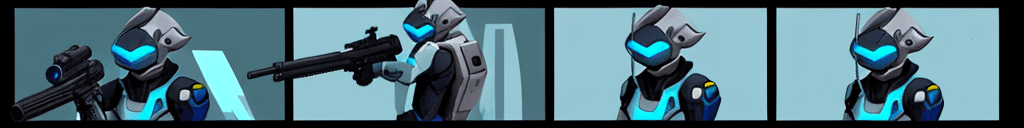 AI generated: protogen, (protogen face:1.1), (protogen visor:1.1) with cyan glow, holding a futuristic sniper rifl...