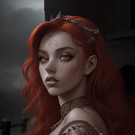 AI generated: masterpiece, glamourous photography of a summer princess with red hair, tan skin, heavy dark eye mak...