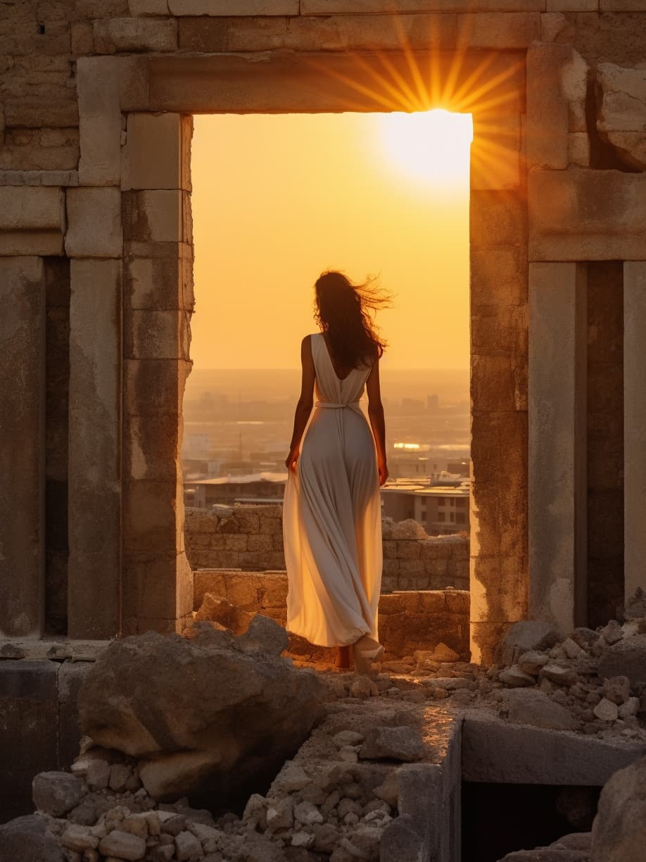 AI generated: a woman in a white dress standing on a ledge, looks like ebru şahin, sunset photo at golden hour, st...