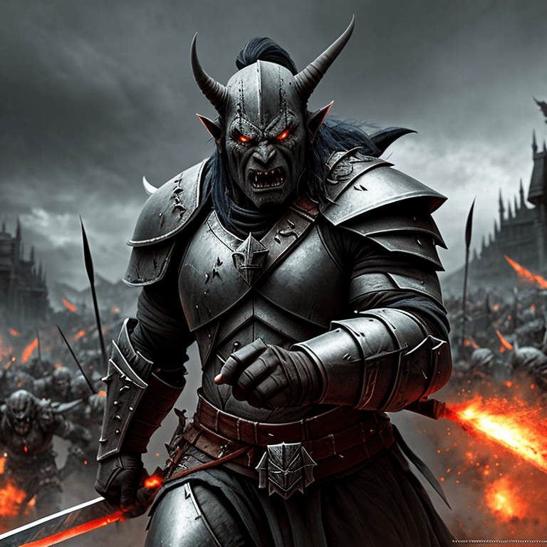 AI generated: scary orc army coming at the viewer, gray orcs with diabolic armor, swords, bows, cannons, battlefie...
