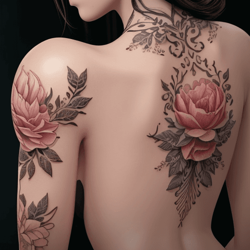AI generated: Create a detailed and artistic illustration of an intricate shoulder tattoo design featuring floral ...