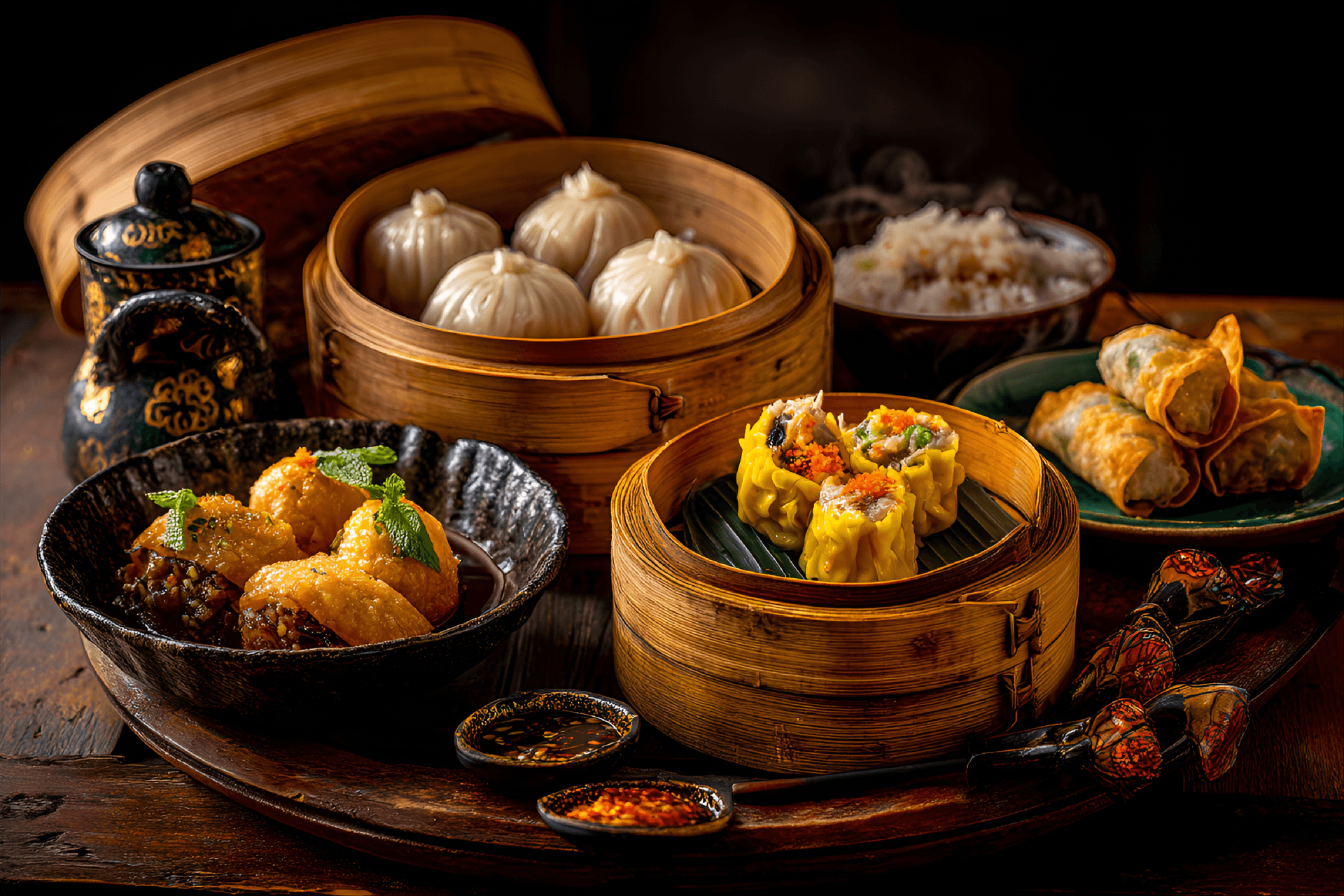 AI generated: lavish spread of dim sum on a traditional bamboo steamer, featuring delicate dumplings, siu mai, and...
