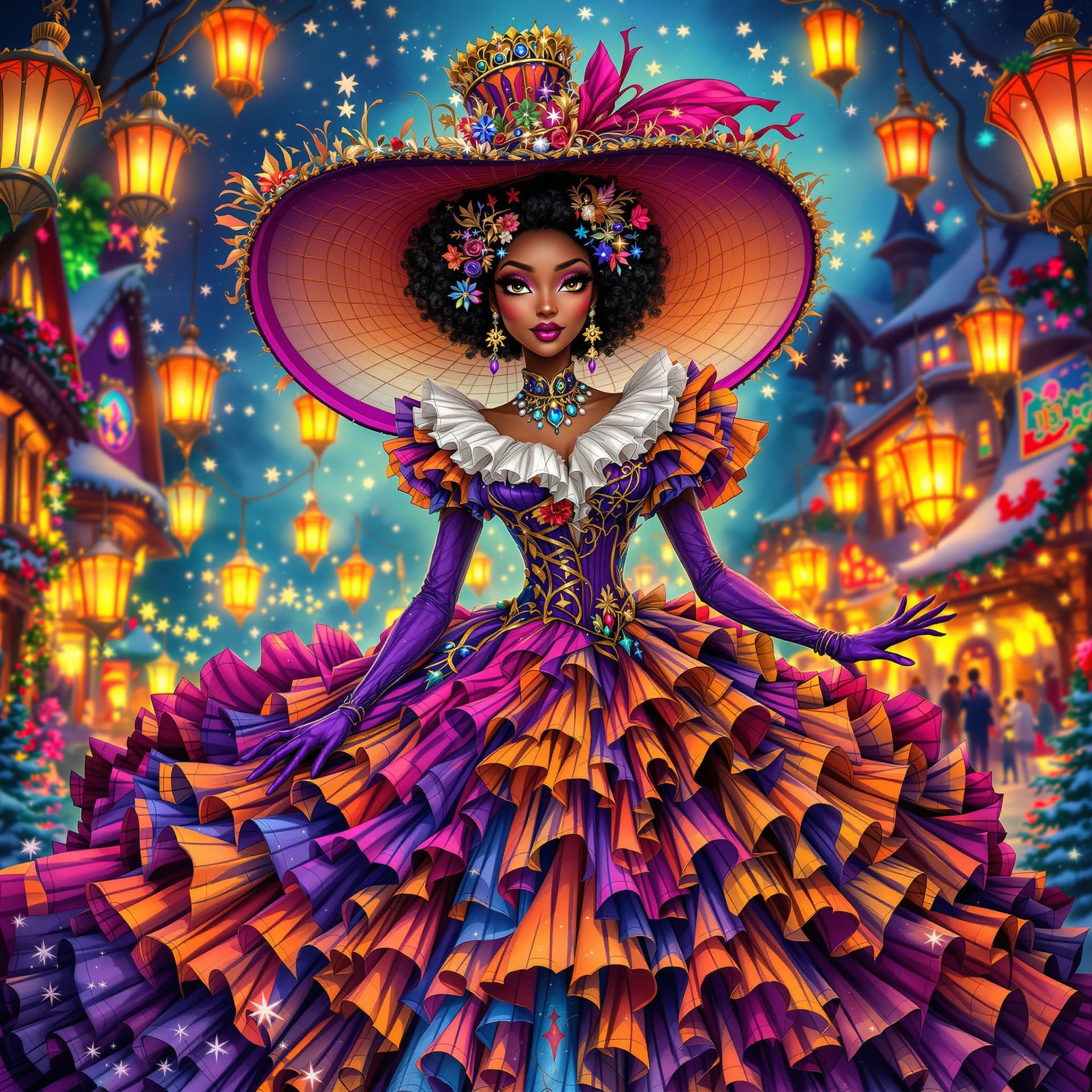 AI generated: close-up of a fantastical African American Victorian lady in an extravagant flowing gown, vibrant sa...