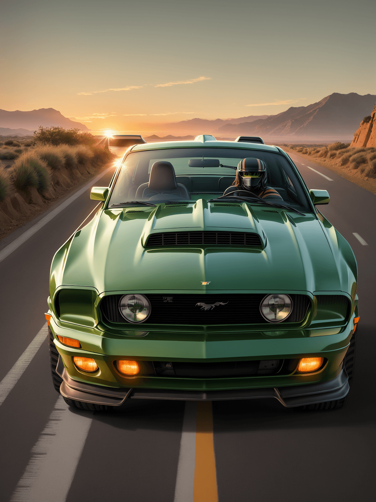 AI generated: green mustang with two black stripes along the hood, 80s retro style drawning featuring synthetic wa...