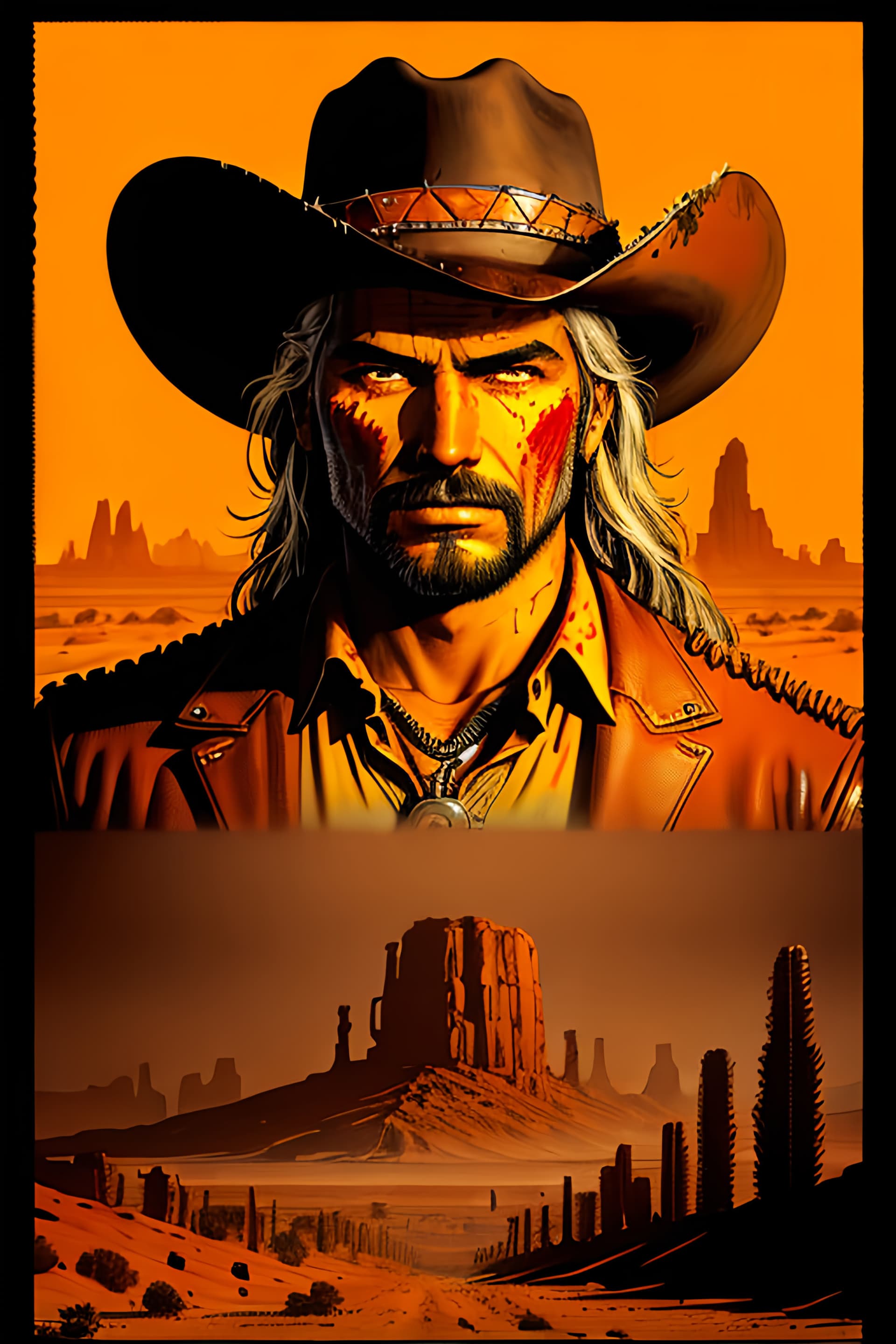 AI generated: A portrait of a gunslinger spaghetti western style in dramatic action pose, post apocalyptic, dusty,...