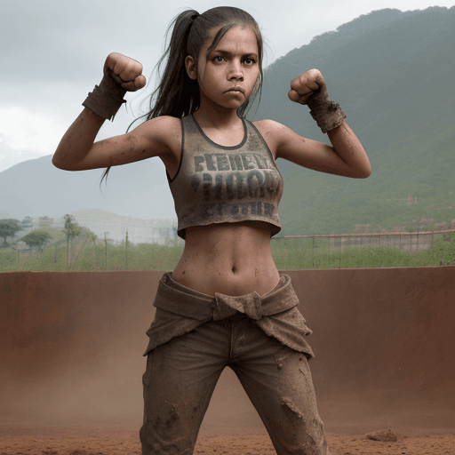 AI generated: a rebellious girl standing in fighting pose covered in dirt and fists raised, determined look, Colom...
