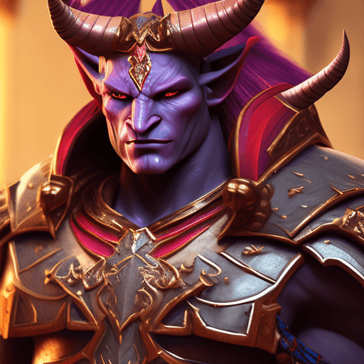 AI generated: tiefling paladin man by greg rutkowski, red skin, broken horn, luxury, elegant, ornate, vibrant and ...
