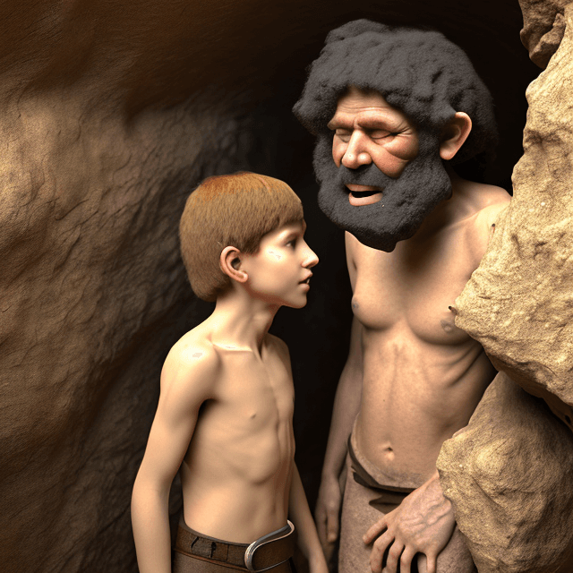 AI generated:  a young prehistoric boy talking to an old prehistoric caveman in a prehistoric cave,  side view, 8k