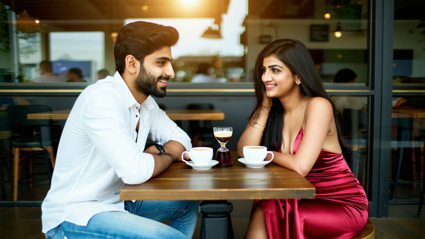 AI generated: (Cinematic UHD, hyper-realistic young Indian couple sitting opposite to each other at a cozy café ta...
