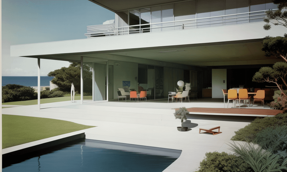 AI generated: Hyper realistic eye level exterior photo of a mid century modern style house overlooking the ocean, ...