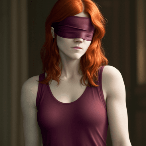 AI generated: Closeup of Rose Leslie wearing a blindfold, dressed in a tank top.