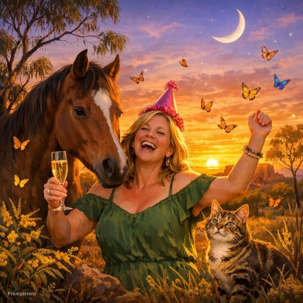 AI generated: A vibrant and joyful scene for a woman celebrating her birthday. The scene is set in the Australian ...