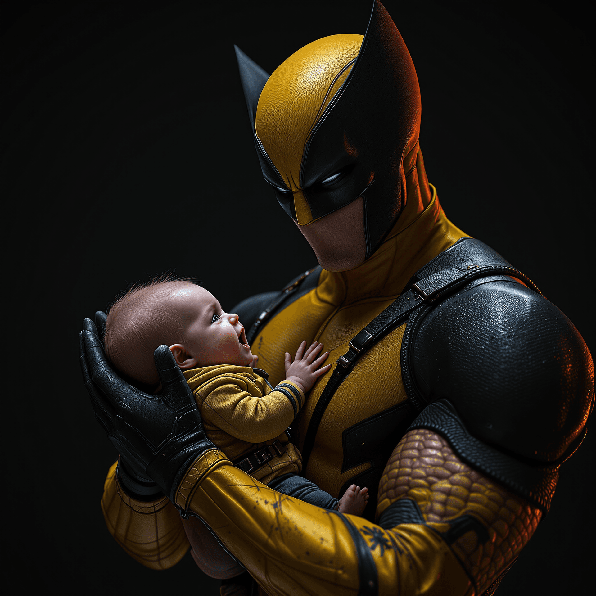 AI generated: Marvel style,in a dark style, Wolverine in a yellow suit holding a baby Deadpoolin , graphics x-box,...