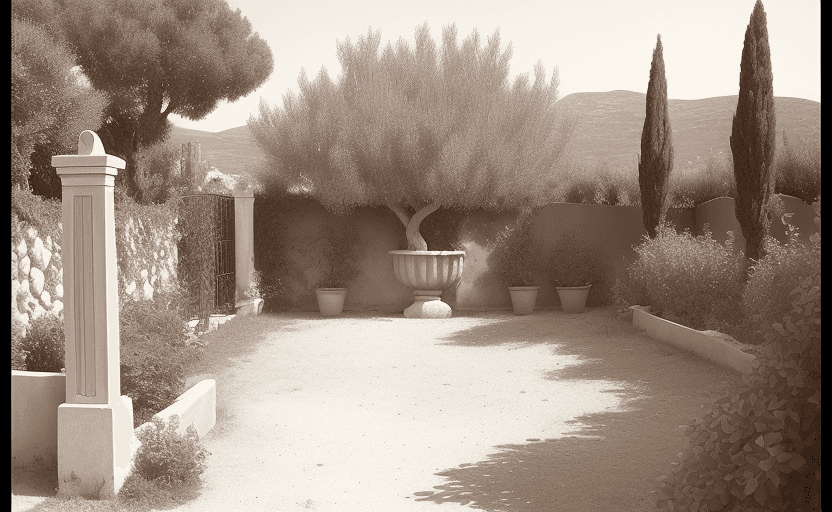 AI generated: garden, 1920s greece, sepia filter, no people. fence, olive trees, well, well in distance