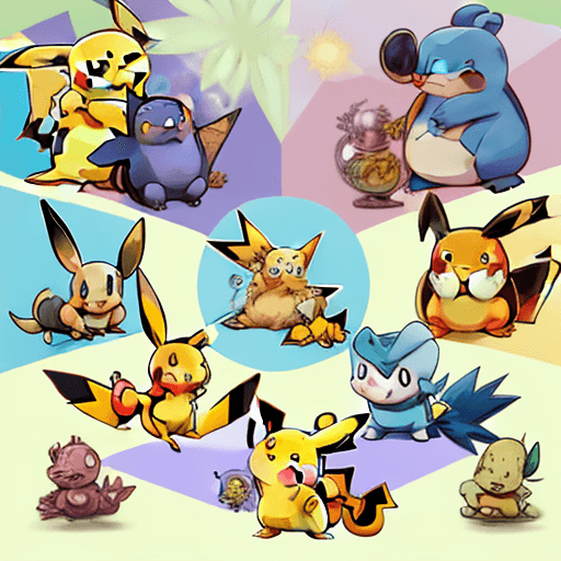AI generated: A pokémon portrait, including pikachu, squirter, charmander, snorlax, polywhirl, eevee, and slowpoke...