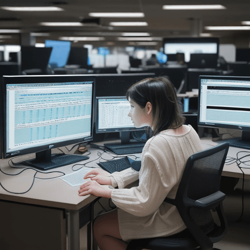 AI generated:  The woman is centered in the image, fully absorbed in her tasks, surrounded by multiple screens dis...