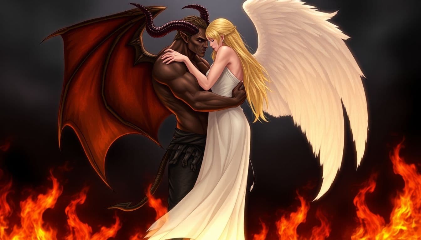 AI generated: a digital illustration of a demon and an angel embracing in front of a fiery background. The demon i...