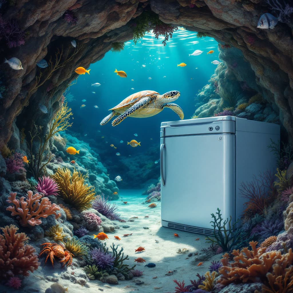 AI generated: Create an underwater scene featuring a sea turtle swimming on top of a refrigerator, looking down wi...