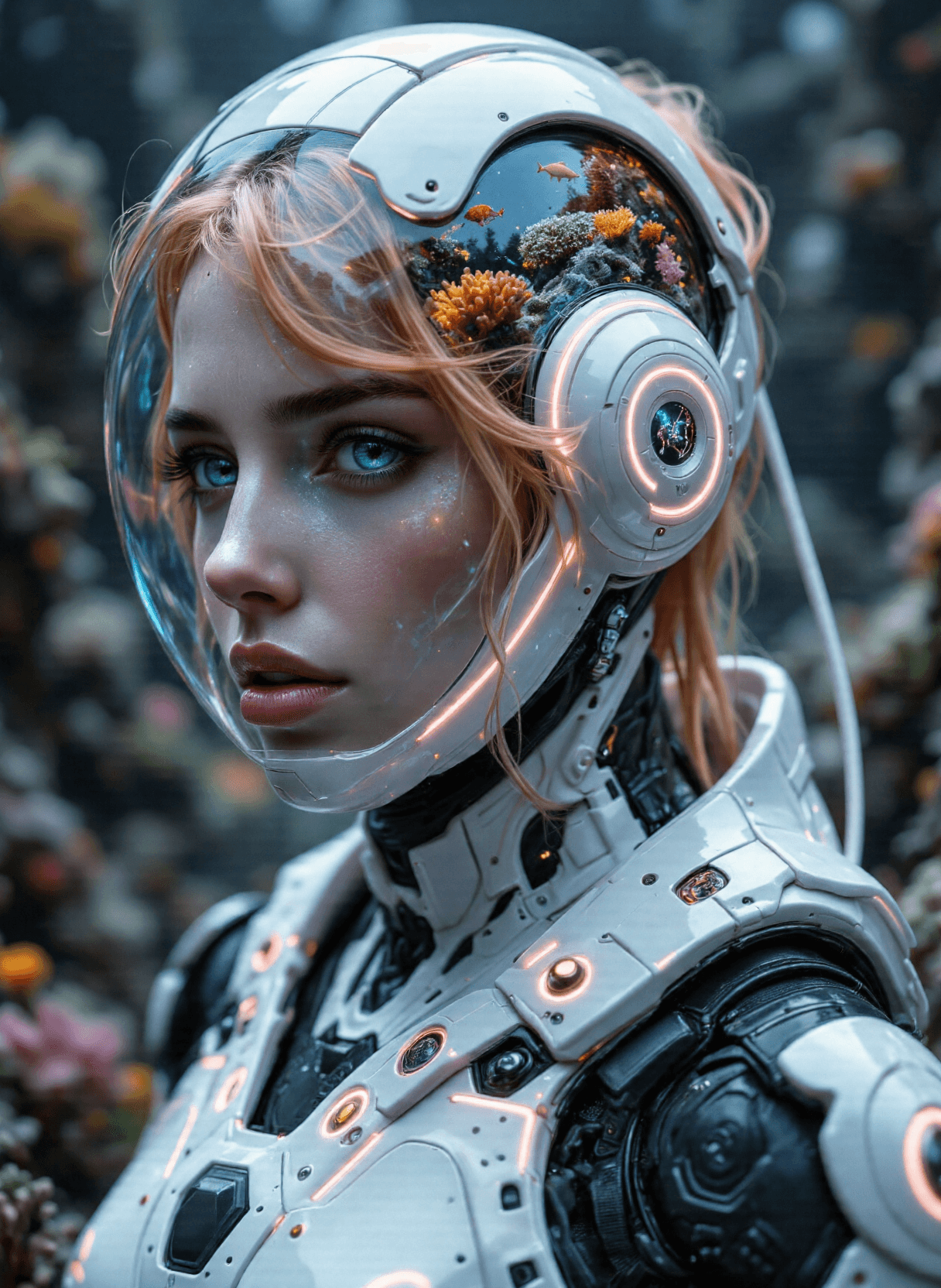 AI generated: The image depicts a futuristic scene featuring an individual wearing advanced space armor. The helme...
