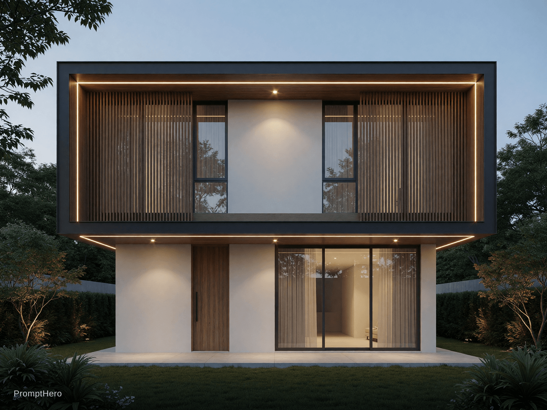 AI generated: facade, front view, minimalist, realism lights --no duplex, two story, double layer --chaos 2 --ar 4...