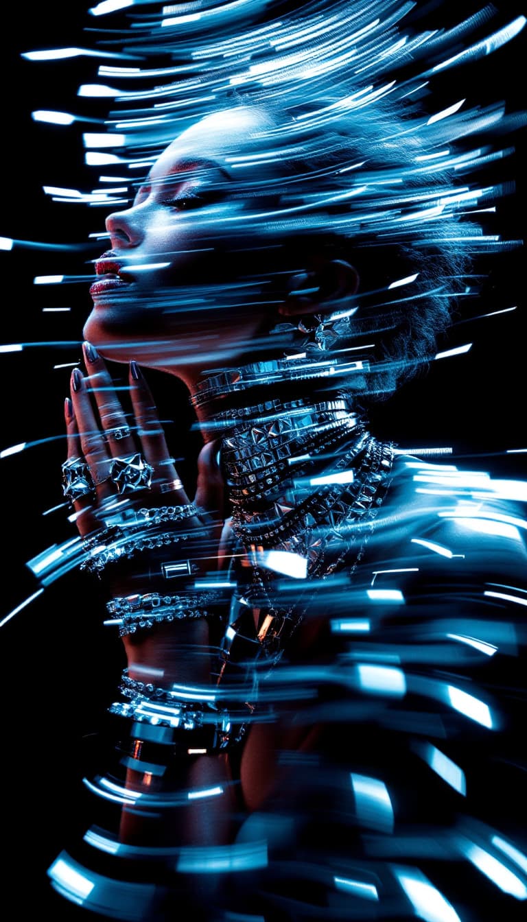 AI generated: A high-fashion editorial photograph for Numéro magazine captures a female model's profile in a momen...