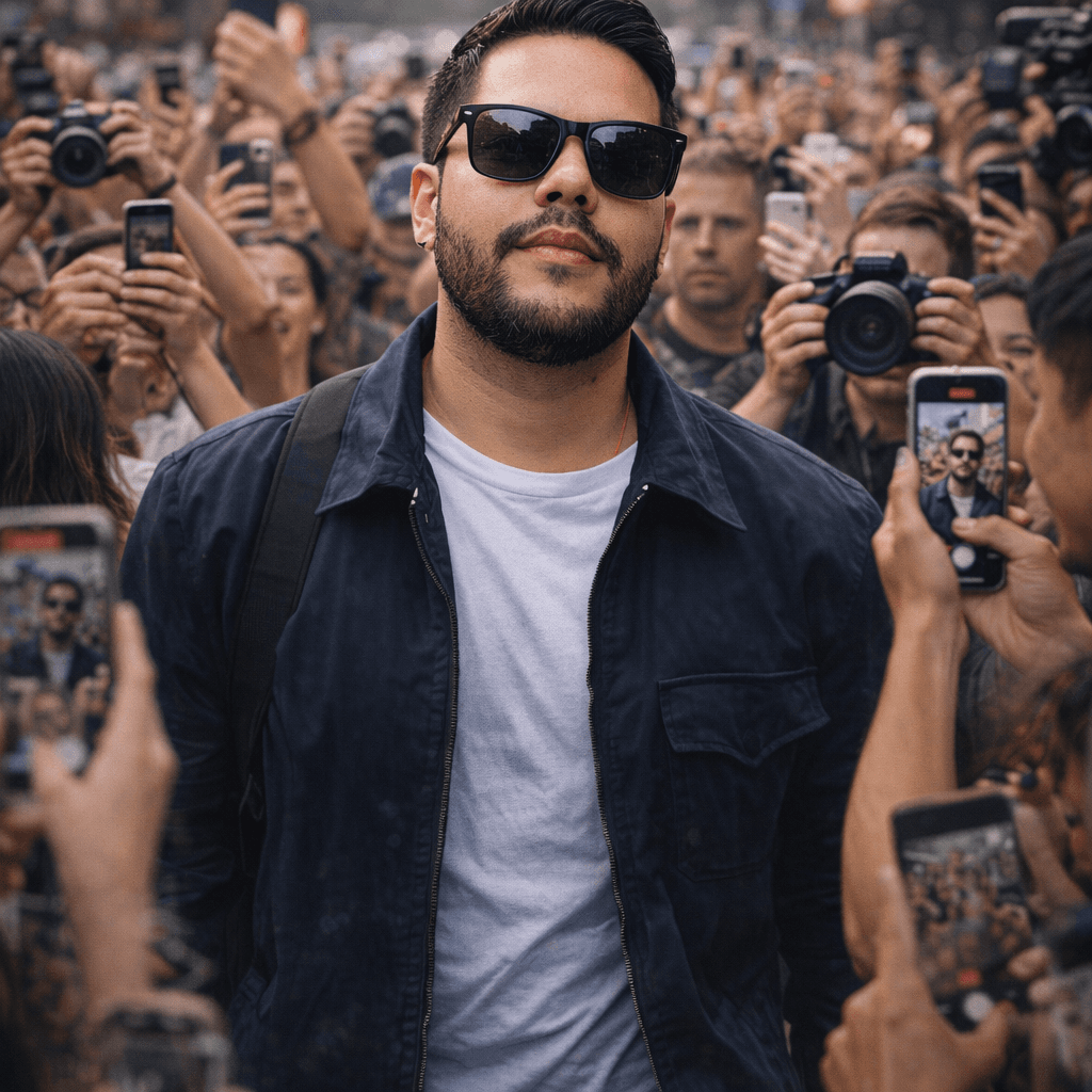 AI generated: "of me wearing sunglasses and a casual jacket walking confidently through a huge crowd, surrounded b...