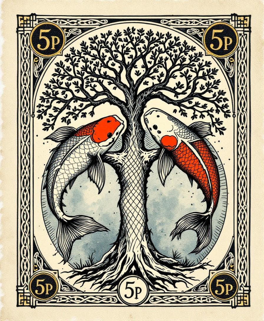 AI generated: retro vintage Postage Stamp design, pen and ink wash detailed illustration  featuring a Tree of Life...