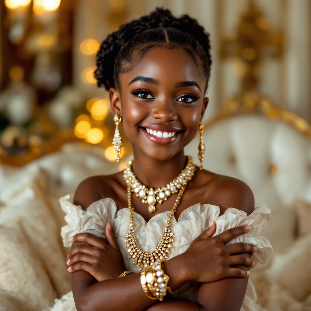 AI generated: A beautiful young Black girl with deep brown skin, adorned with elegant gold and silver jewelry, inc...