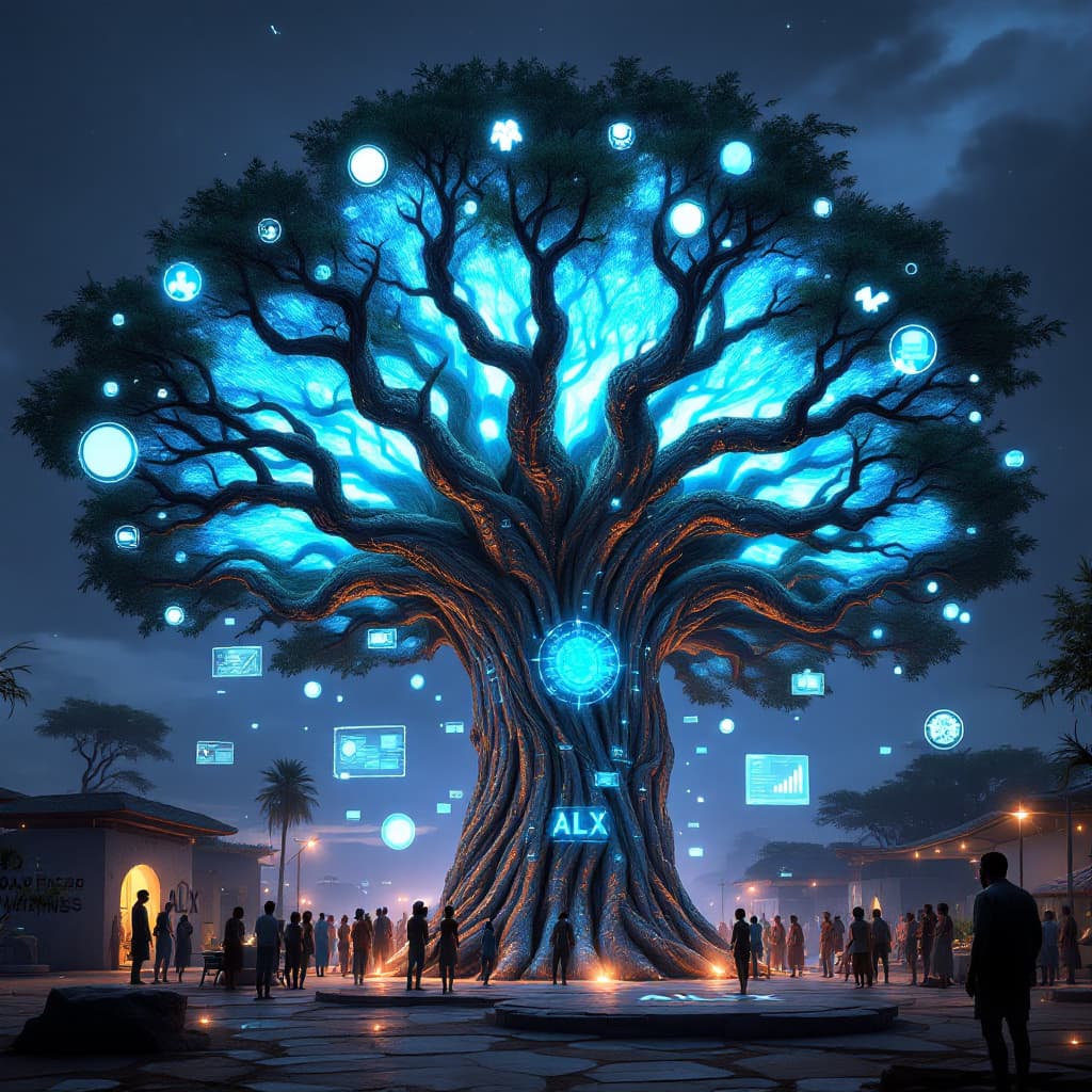 AI generated: A massive baobab tree in an African high-tech village square, glowing from within like a living serv...