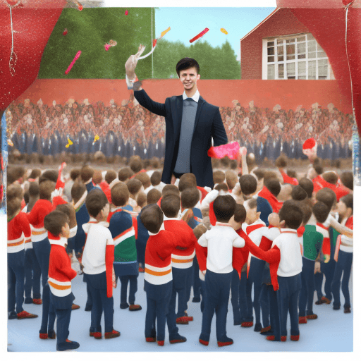 AI generated: photorealistic square image of Pavel Durov standing at a festive school assembly on September 1st. H...