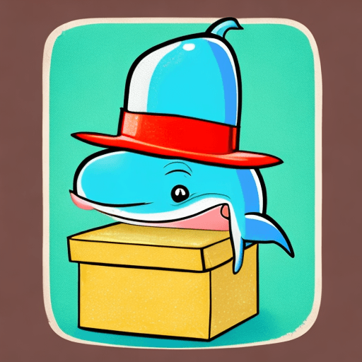 AI generated: a smiling dolphin wearing a cardbox box as a hat, cartoon style, no background