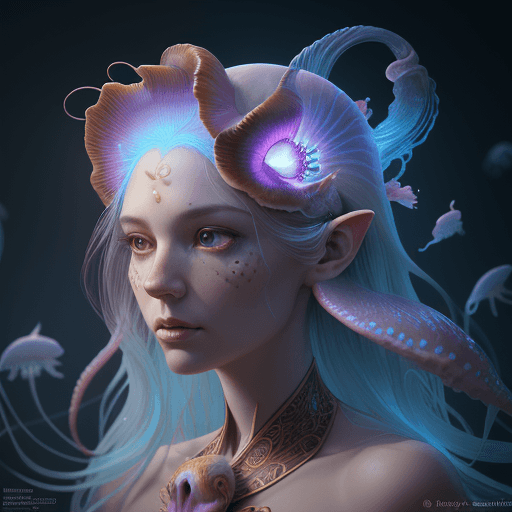 AI generated: Goddess close-up portrait ribcagel. jellyfish phoenix head, nautilus, orchid, skull, betta fish, bio...