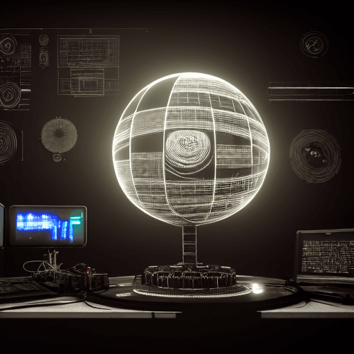 AI generated: complex portrait of a cyberpunk sphere computer, over a table, leds, black plastic, symmetrical, fra...