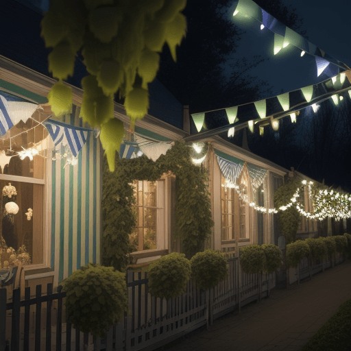 AI generated: close-up of green hops hanging from branches in front of an blue and white striped pole in bavarian ...