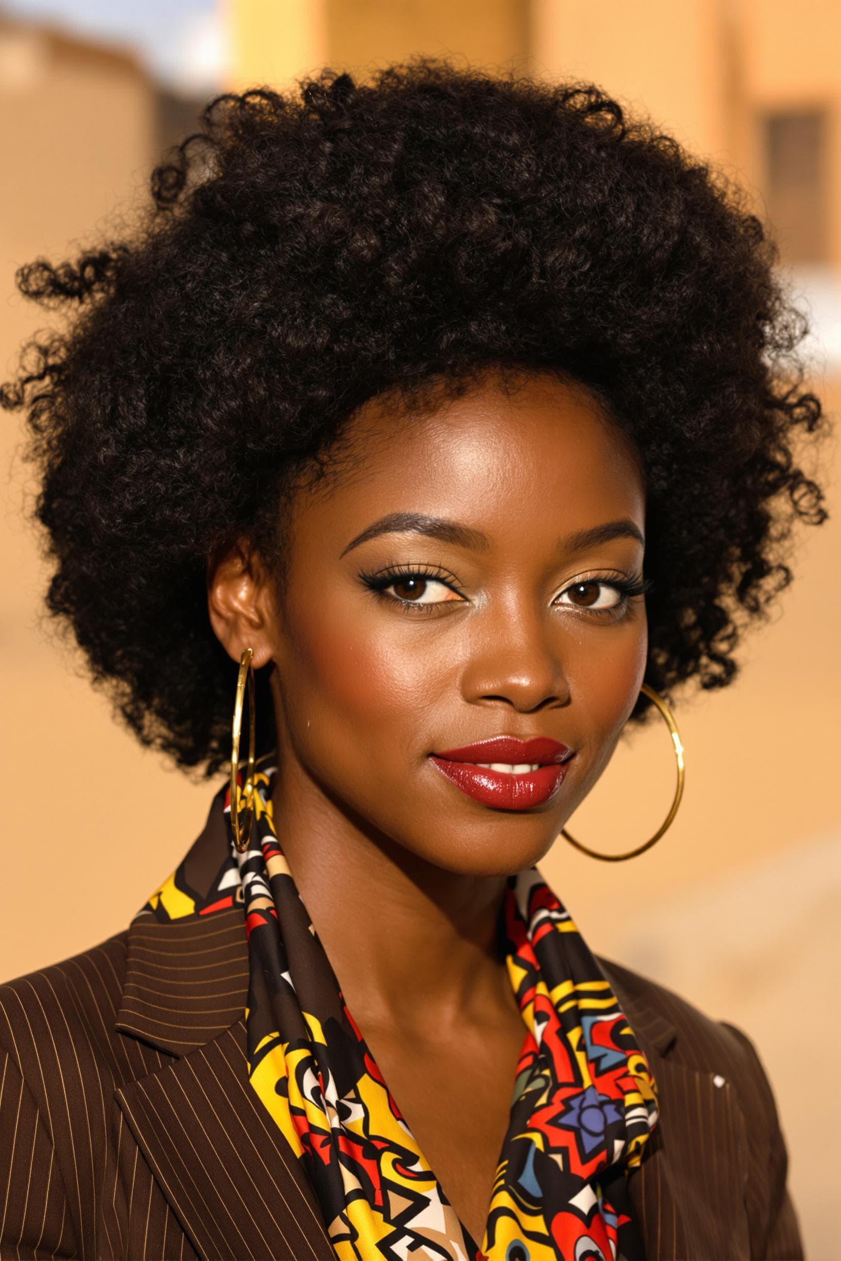 AI generated: A hyper-realistic close-up of a confident and striking woman with radiant, deep brown skin and a cha...