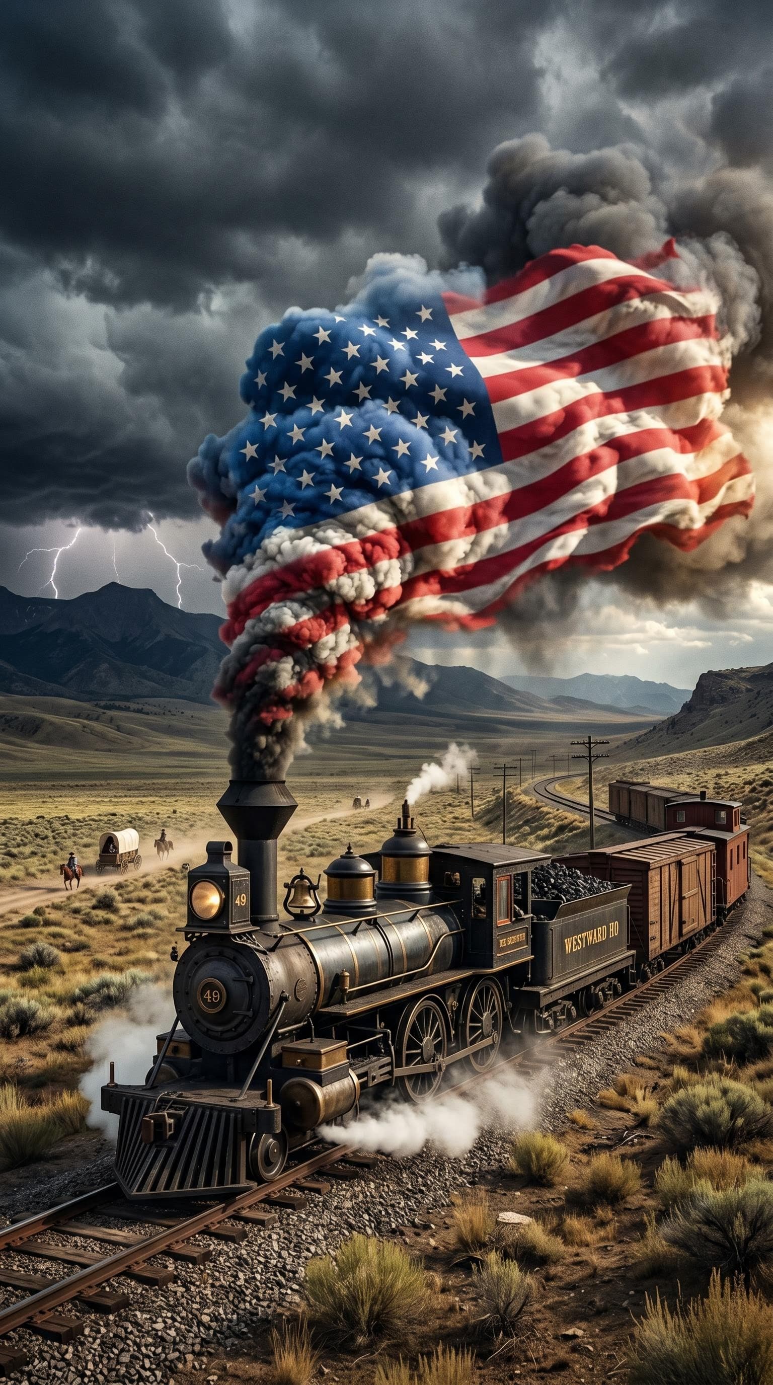 AI generated: An extremely detailed, high-resolution, realistic, cinematic photograph of an 1880s, black steam loc...