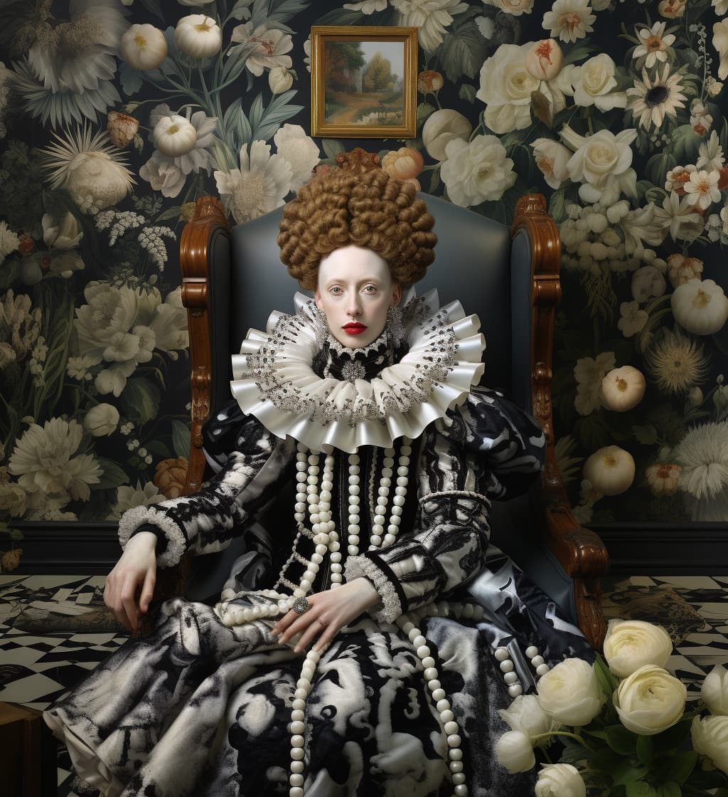 AI generated: A wallpaper of Queen Elizabeth I with her head tilted back in an expressionist pose, wearing the cro...