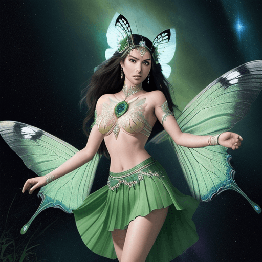 AI generated: Odette the butterfly goddess wearing a green skirt wondering in the cosmos detailed environment deta...