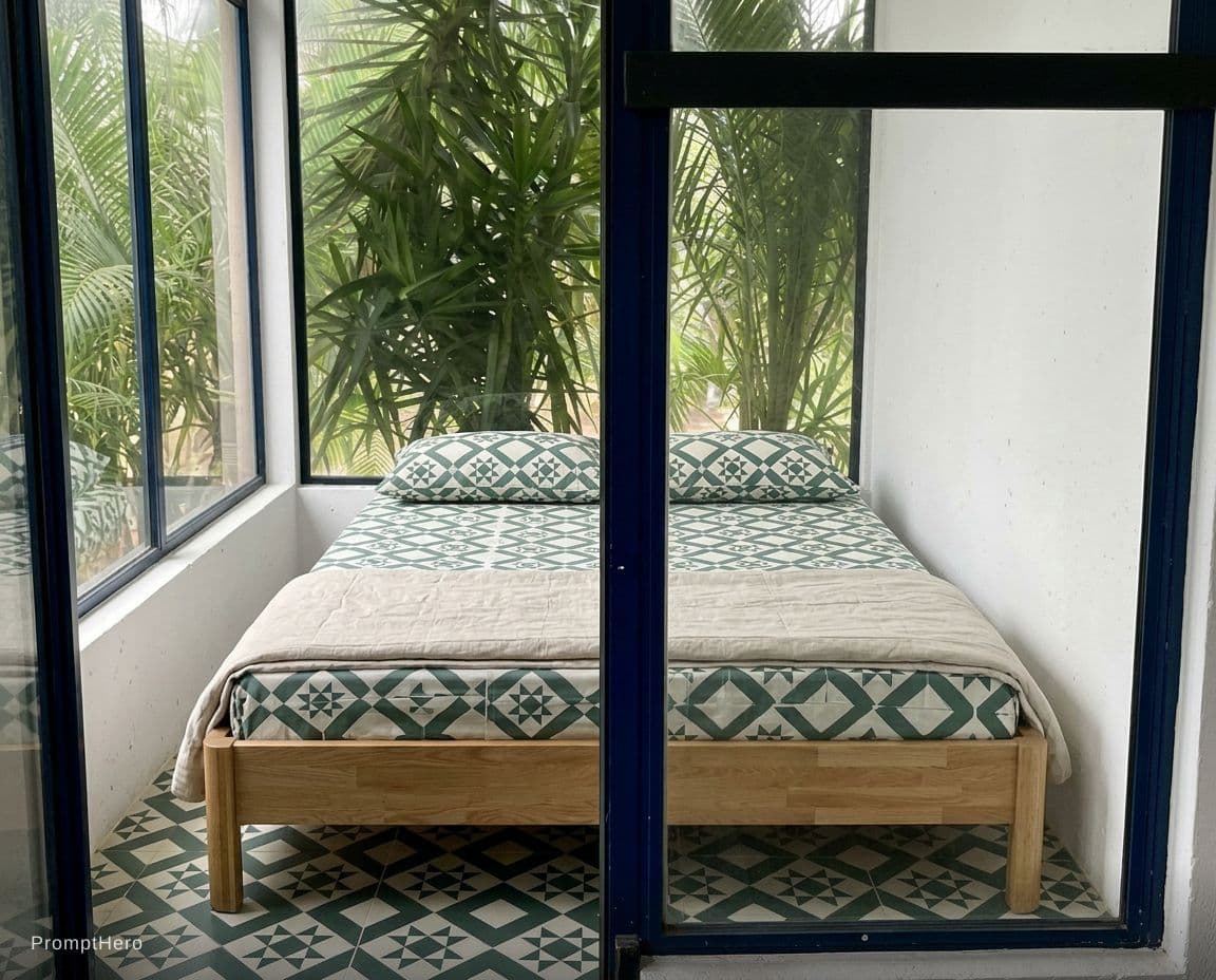 AI generated: add this bed to the room with green sheets that match the colour of the floor

Room dimensions: 2m x...