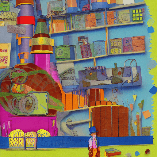 AI generated: Children's book illustration of Willy Wonka's candy factory with naturalistic collage imagery.