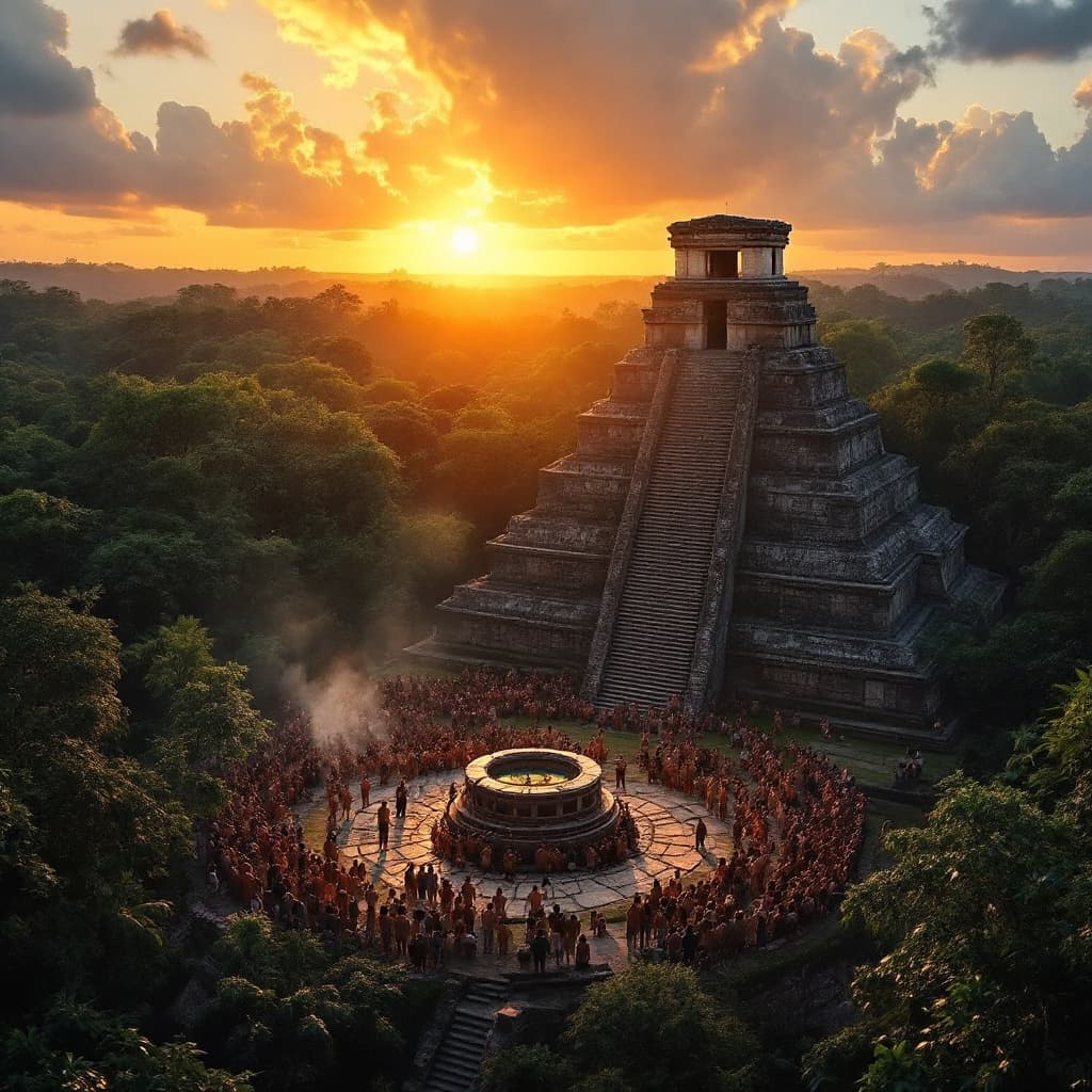 AI generated: •	"A Mayan temple during a ritual ceremony at sunrise, surrounded by dense jungle."