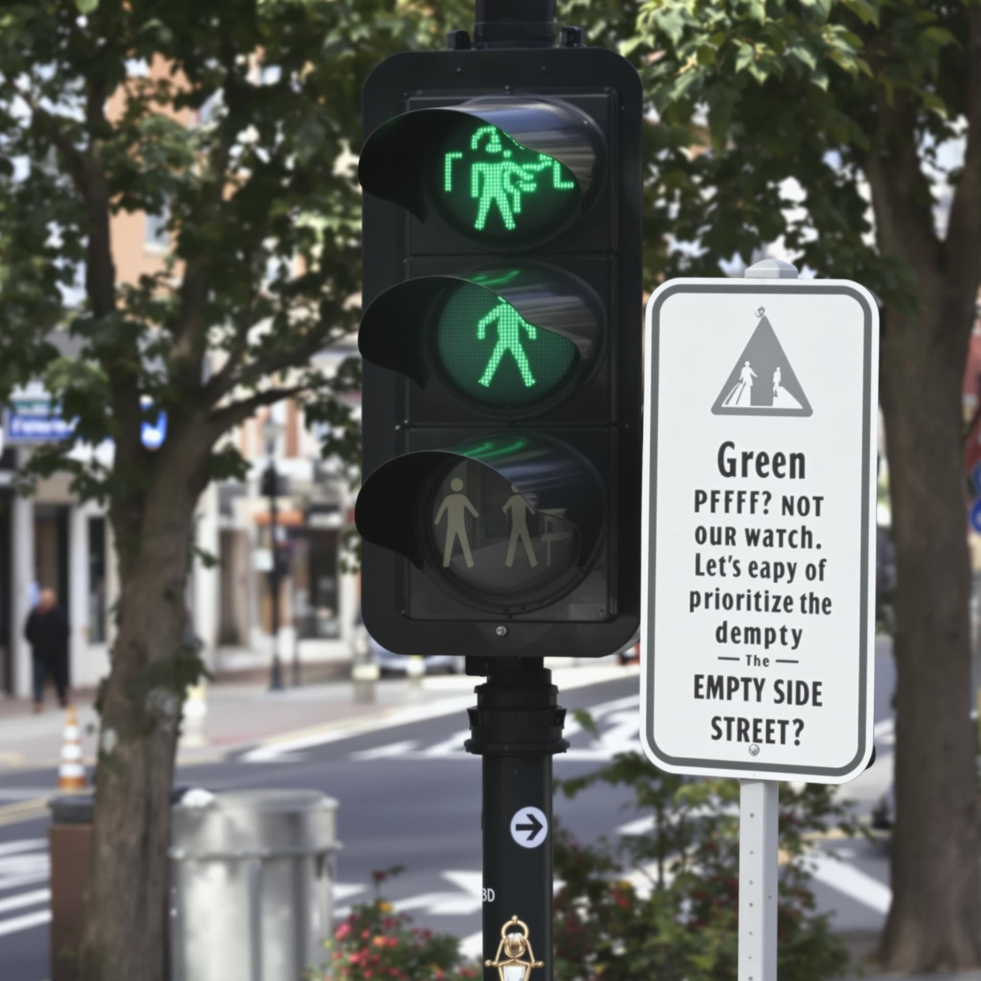 AI generated: Green light? Pfft, not on our watch. Let’s prioritize the empty side street."